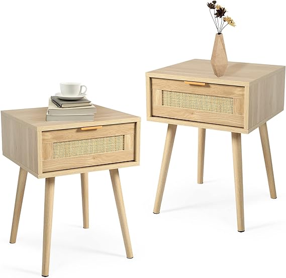 Nightstands Set of 2 with Rattan Drawer, Modern Night Stand for Bedrooms