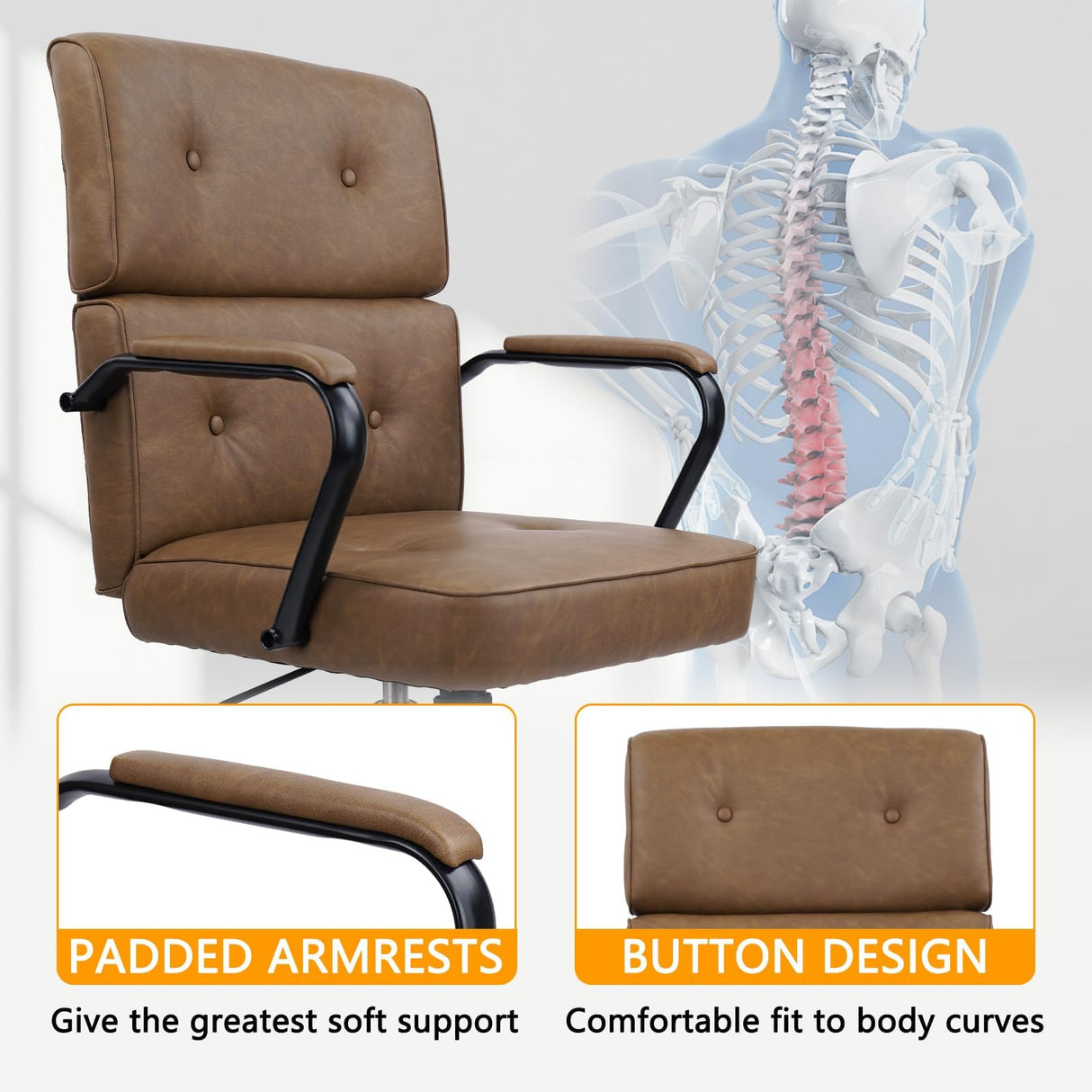 Heavy Duty Leather Office Chair - Mid Century Modern Desk Chair with Lumbar Support, 450LBS