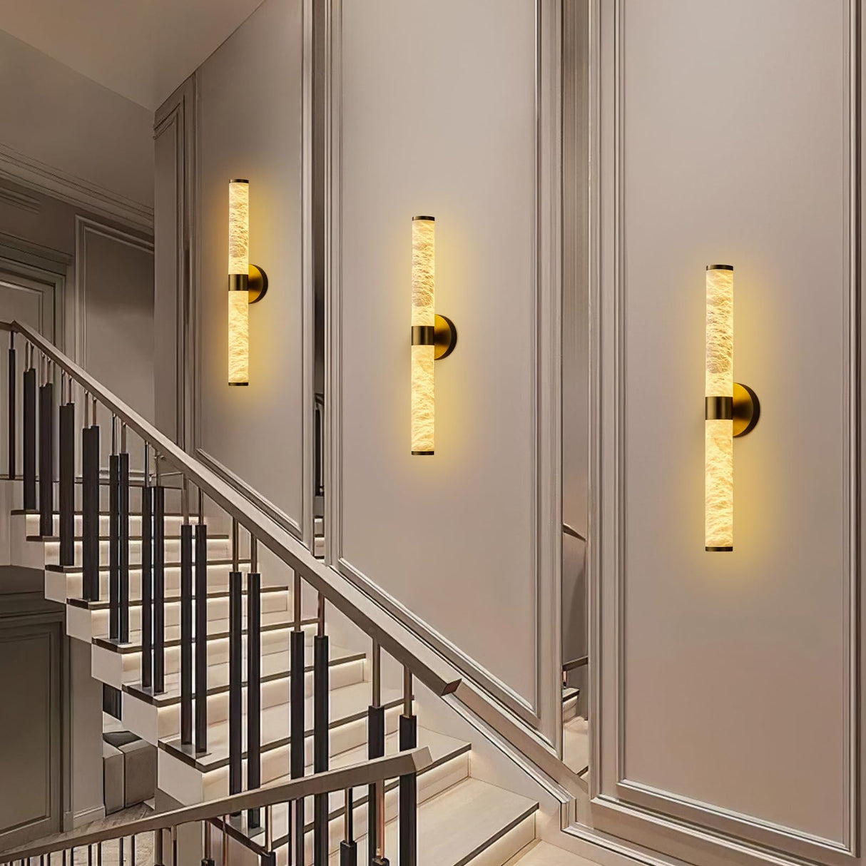 Alabaster Wall Sconces, 24" Brass Wall Sconce, Modern Spanish Natural Marble Sconces Wall Lighting, Gold Dimmable Indoor Wall Light Vanity Wall Lamp for Living Room Bedroom Bathroom Hallway Stairs