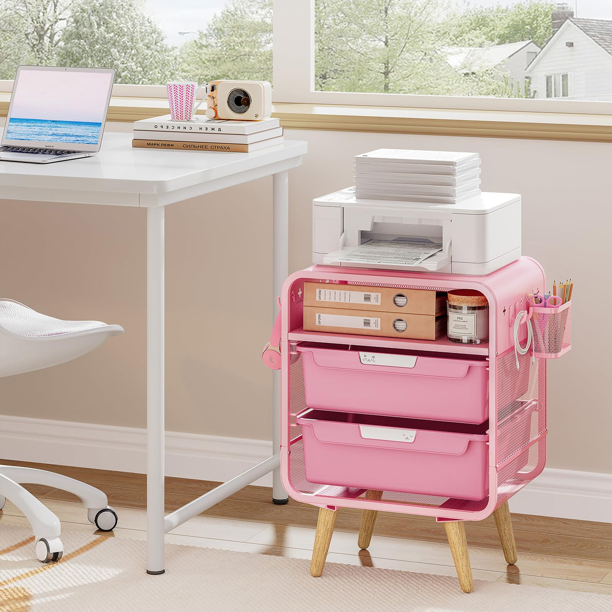 Pink Nightstand,Cute End Table with Storage Drawer,Kids Nightstand for Bedroom Furniture,