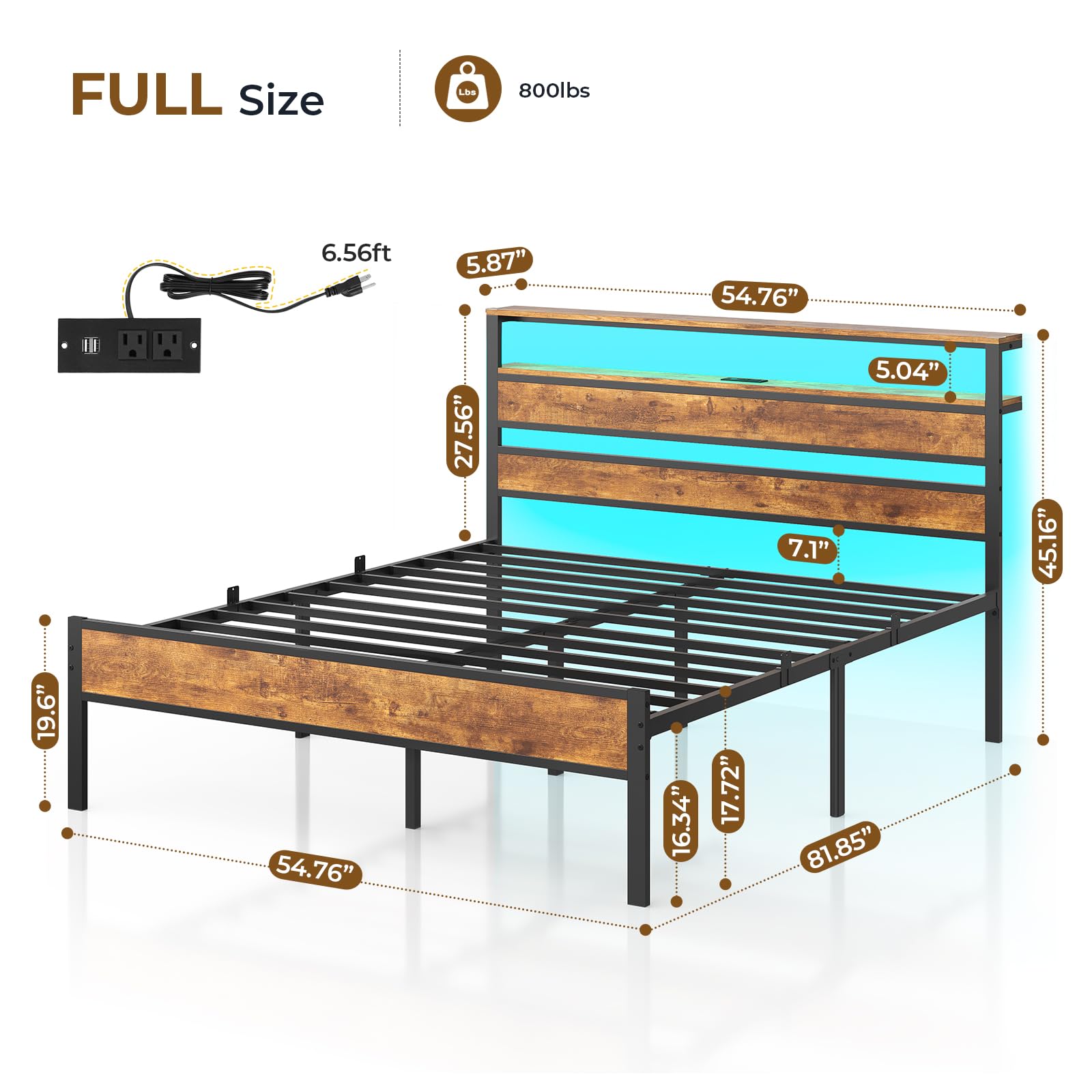Full Bed Frame with LED Lights & Charging Station