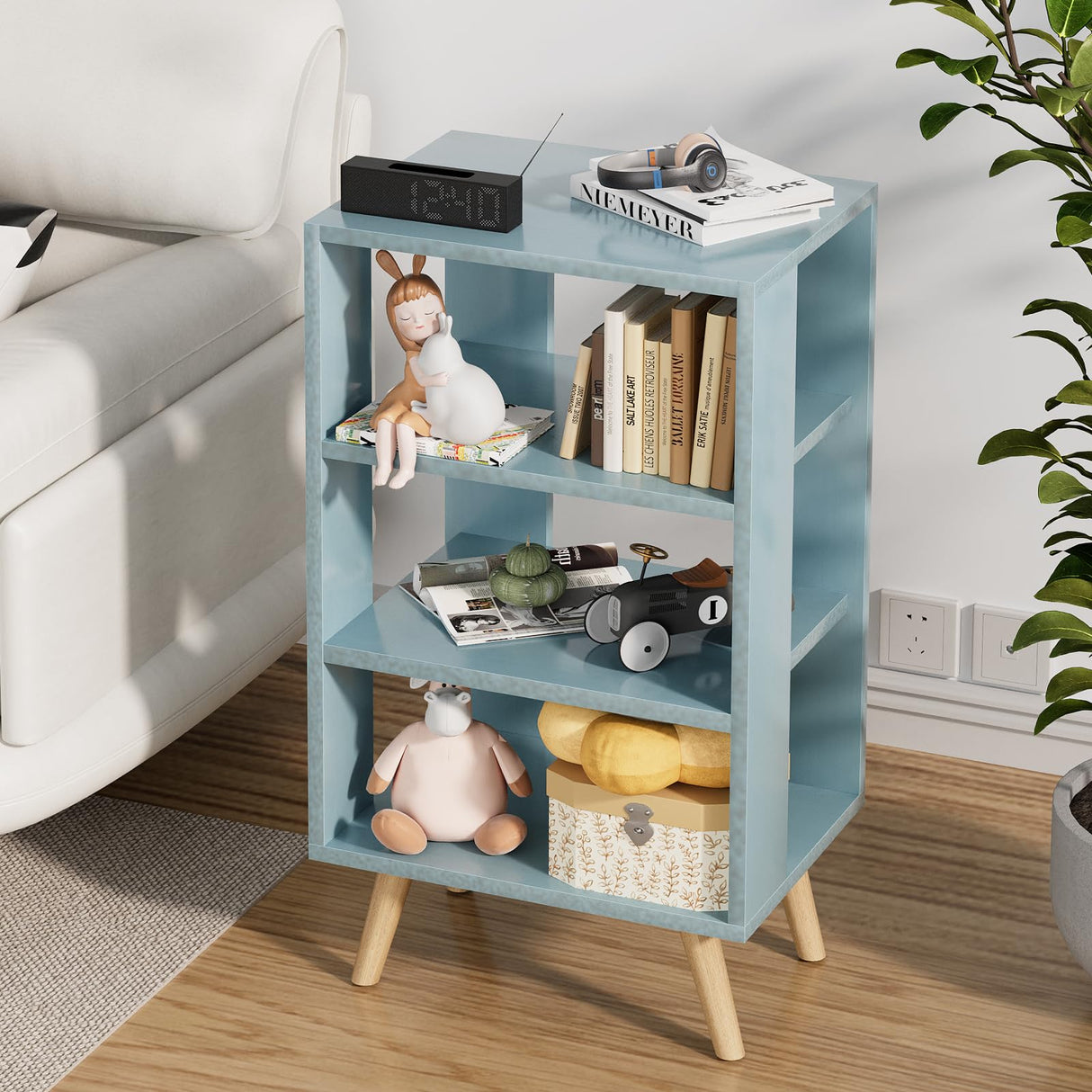 Night Stand, Blue Kids Nightstand, Modern End Table with Open Storage