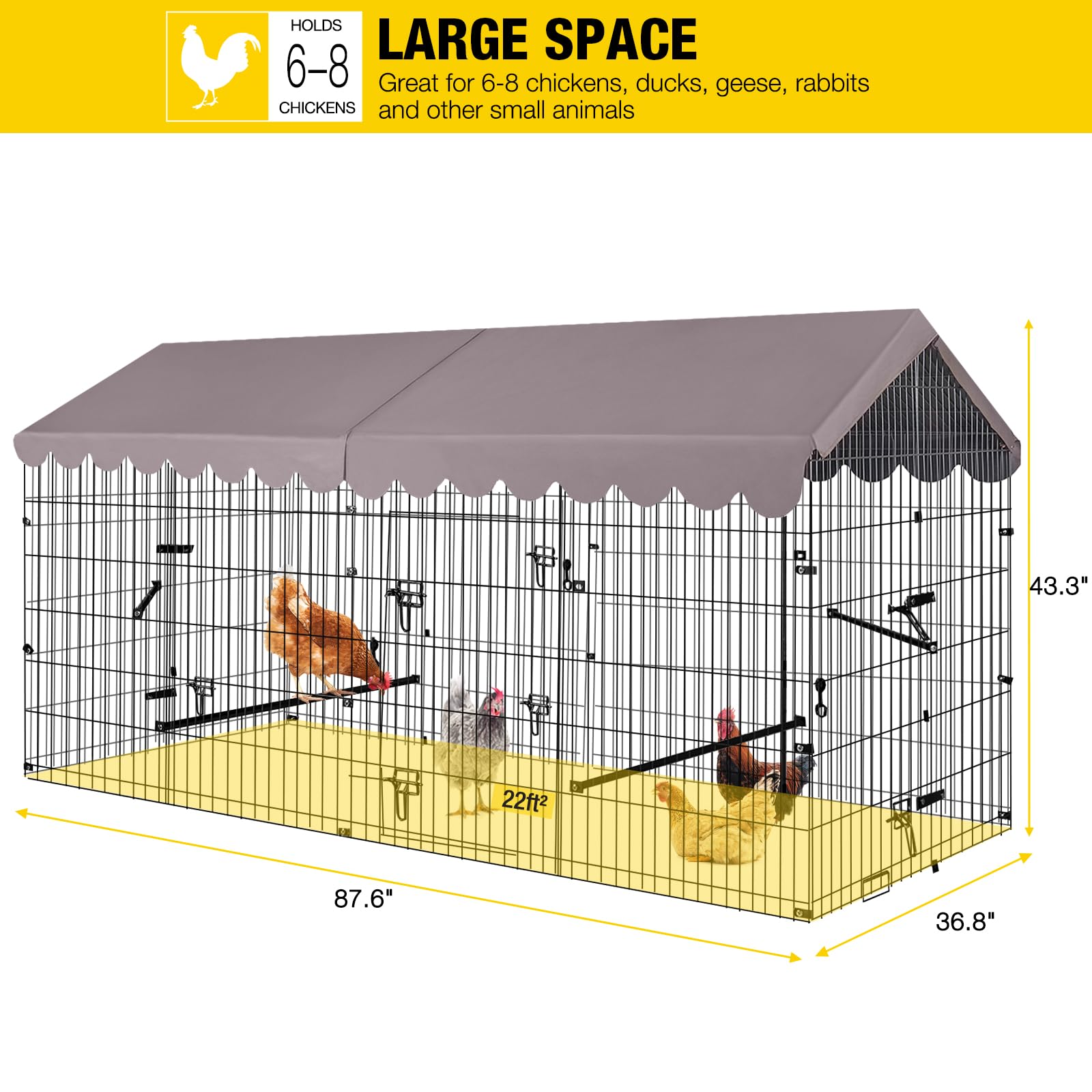 Chicken Coop 88" Metal Chicken Run with Waterproof Cover Portable Poultry Cage Large Hen House Outdoor Animal Enclosure Exercise Pen for Chicken,Duck,Goose,Rabbit Cat and Other Small Animals