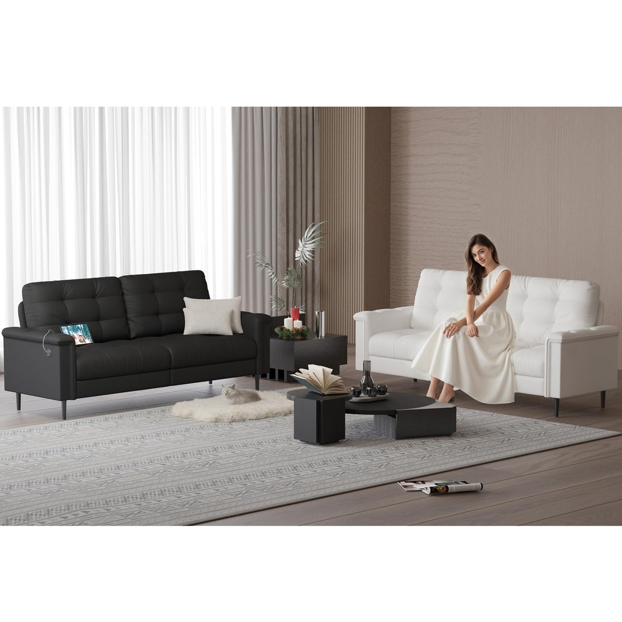 Black Faux Leather Sofa Couches for Living Room, Mid-Century Modern Tufted Comfy