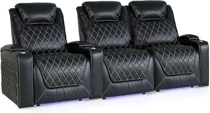 Home Theater Seating | Premium Top Grain Italian Nappa 11000 Leather, Power Recliner, Power Headrest, Power Lumbar Support, Extra Space, with Center Console (Row of 3, Black)