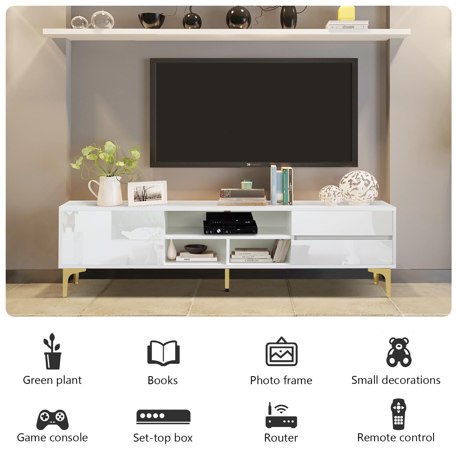 White LED TV Cabinet for Up to 65 Inch TVs Television Entertainment Center TV