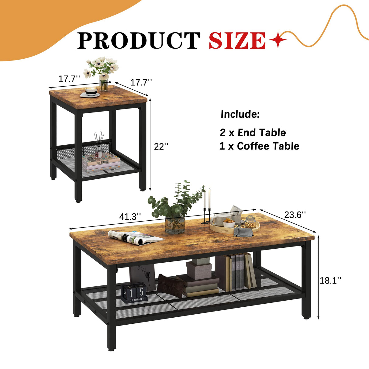 3 Pieces Coffee Table Set, Industrial Coffee Table with 2 Square End Side Tables