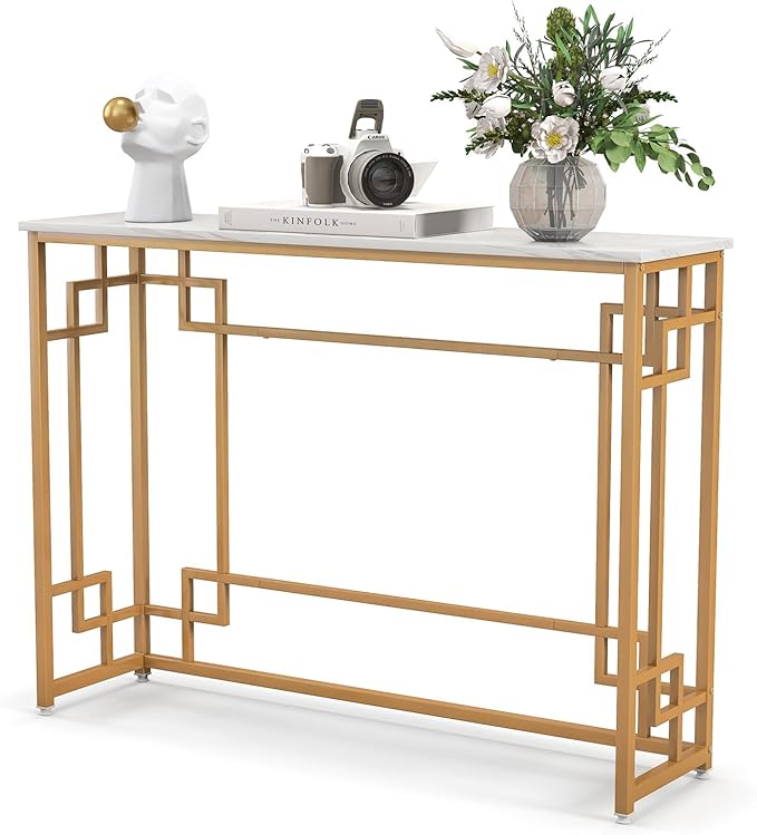 43.5" Modern Console Table, Narrow Entryway Table with Geometric Golden Frame & White Faux Marble Tabletop,