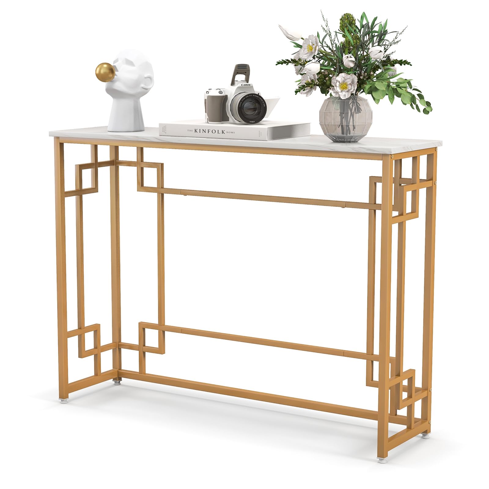 43.5" Modern Console Table, Narrow Entryway Table with Geometric Golden Frame & White Faux Marble Tabletop,