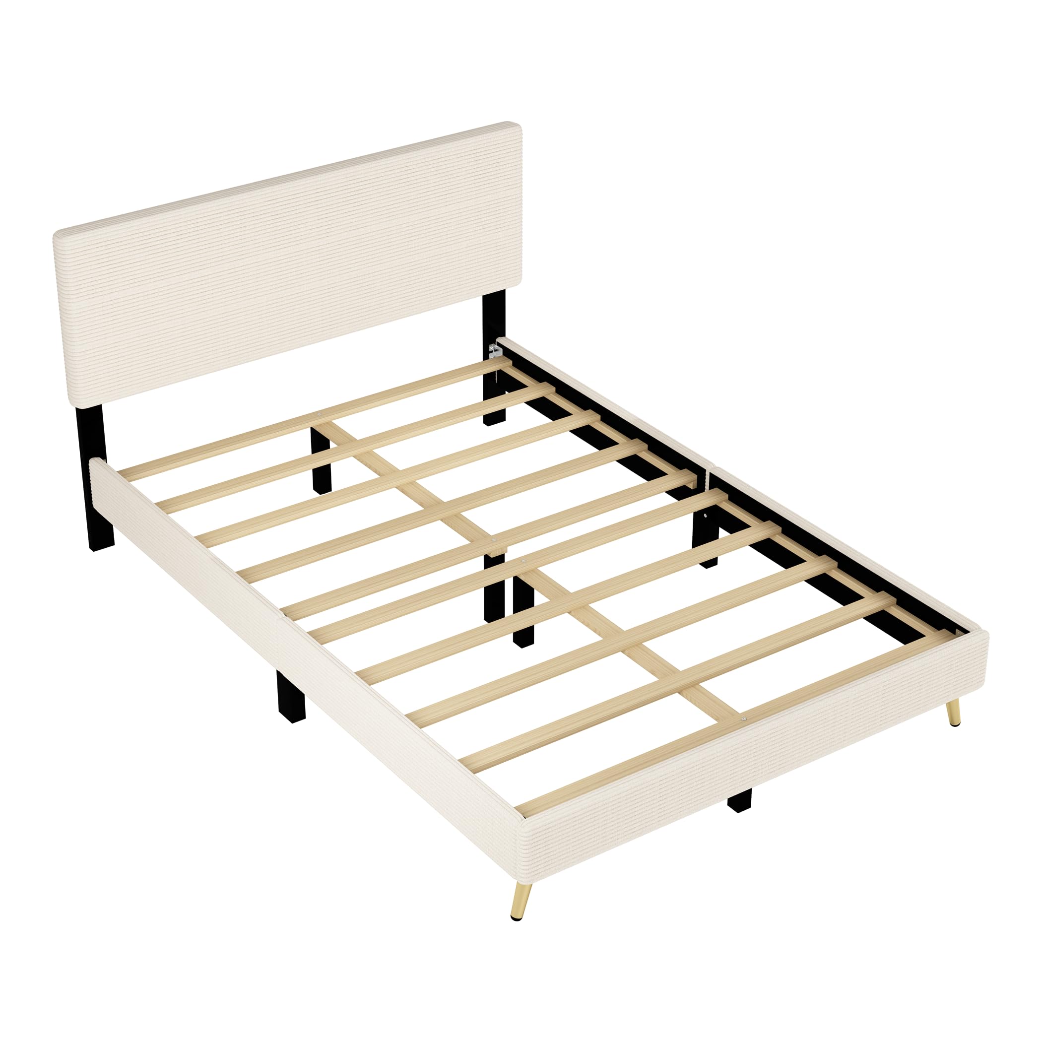 Queen Size Corduroy Upholstered Platform Bed Frame with Horizontal Stripe Headboard