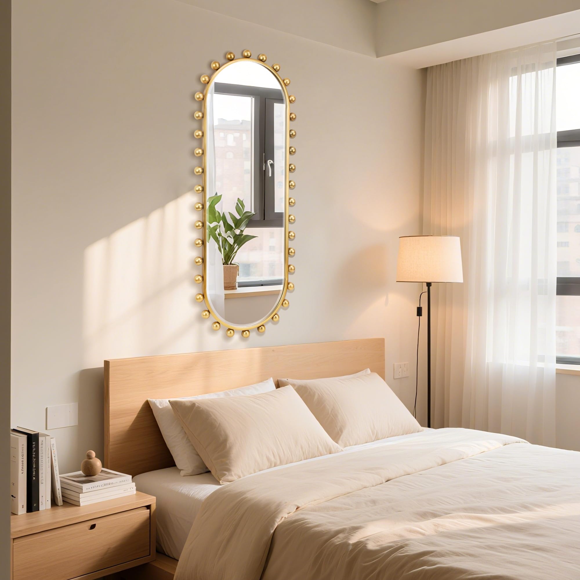 Oval Full-Length Mirror 20x51 - Antique Gold Beaded Beveled Wall Mirror