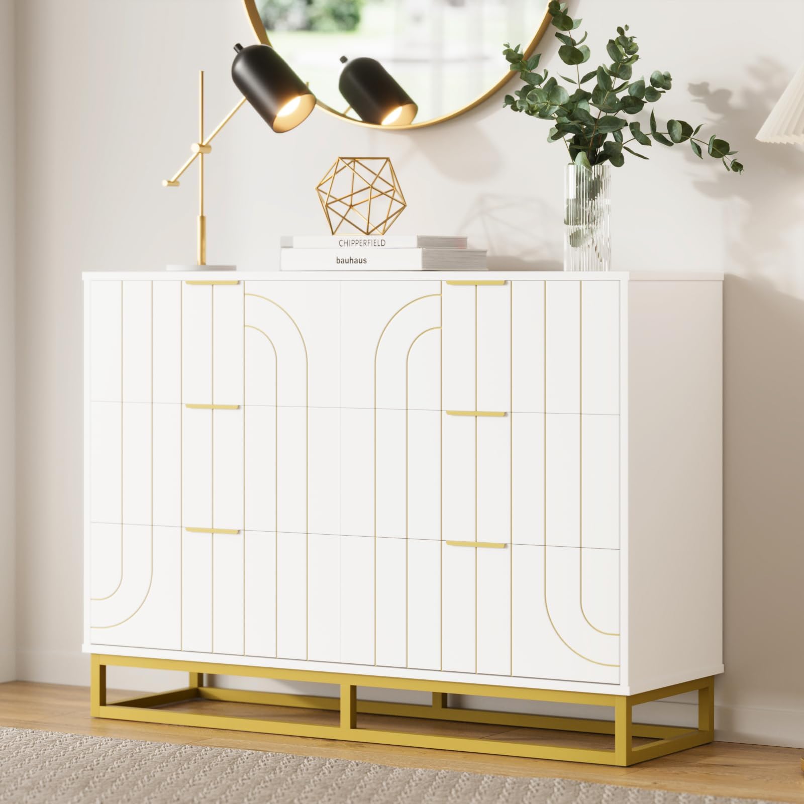 Modern 6 Drawer Dresser for Bedroom, Double TV Stand Dresser with Metal Base