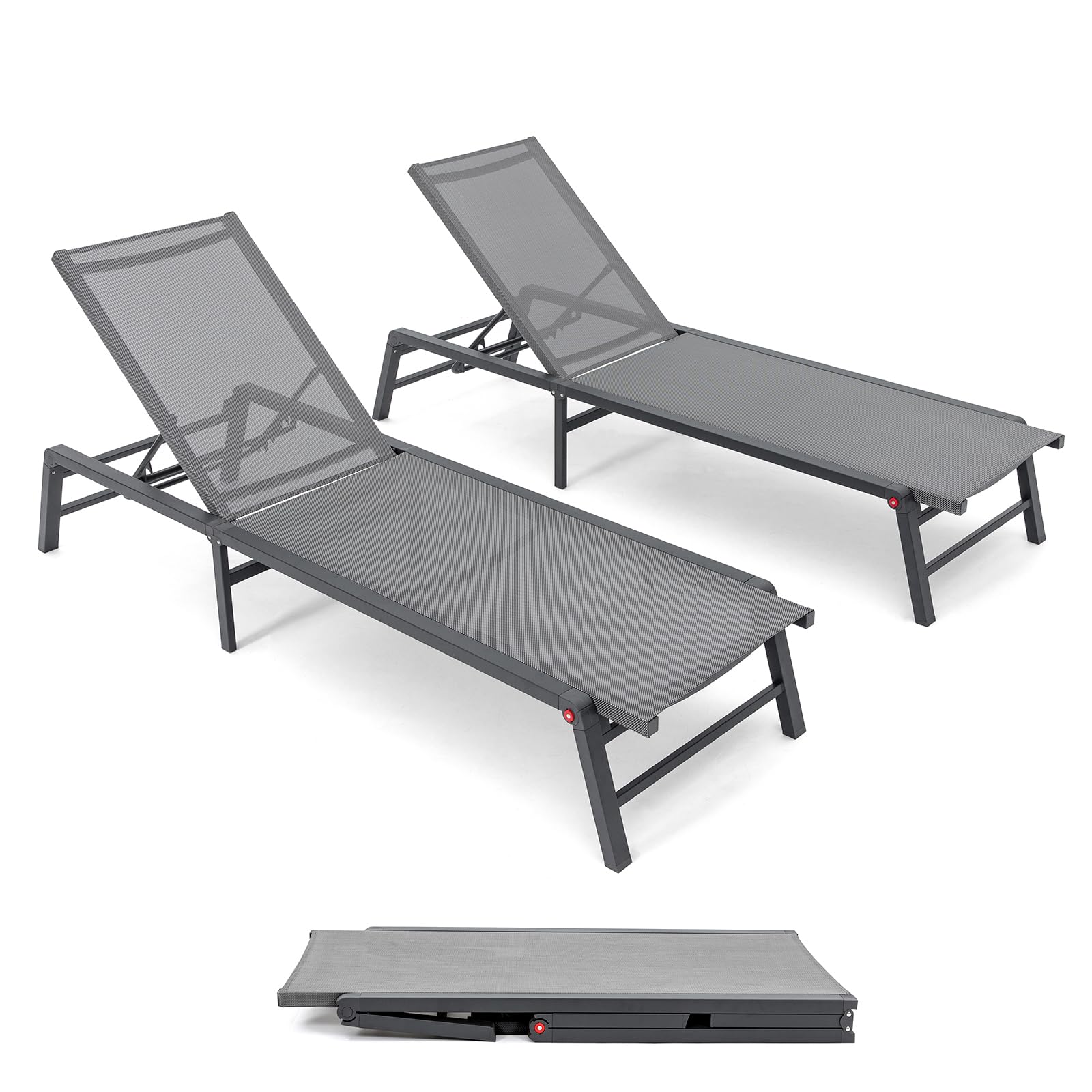 Chaise Lounge Chair Set of 2, Assemble-Free Aluminum Poolside Lounge Chairs for Outside