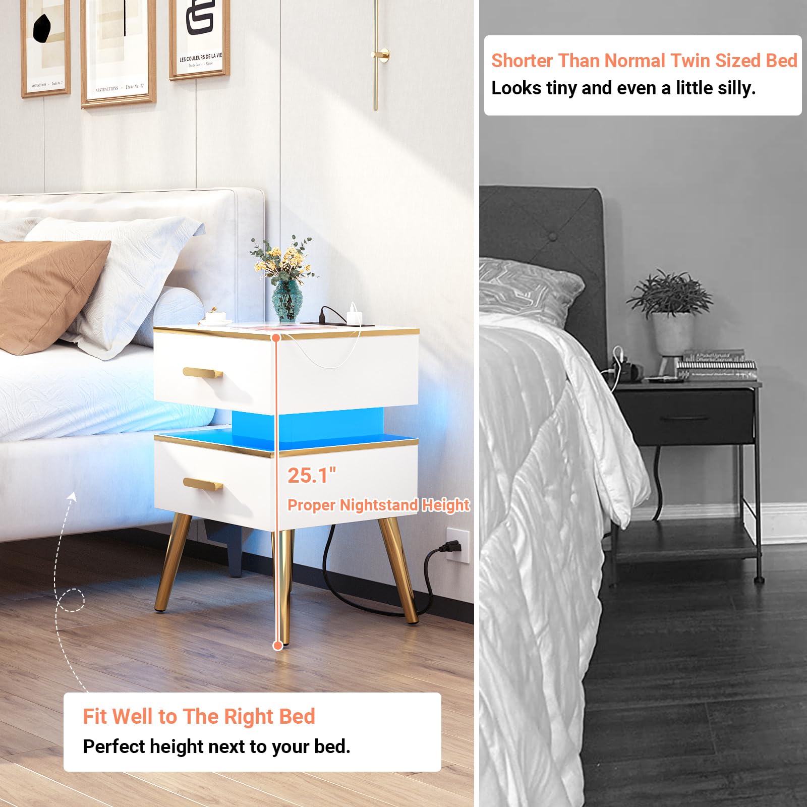 Nightstands set of 2 with Charging - White Night Stand with Charger Station & LED