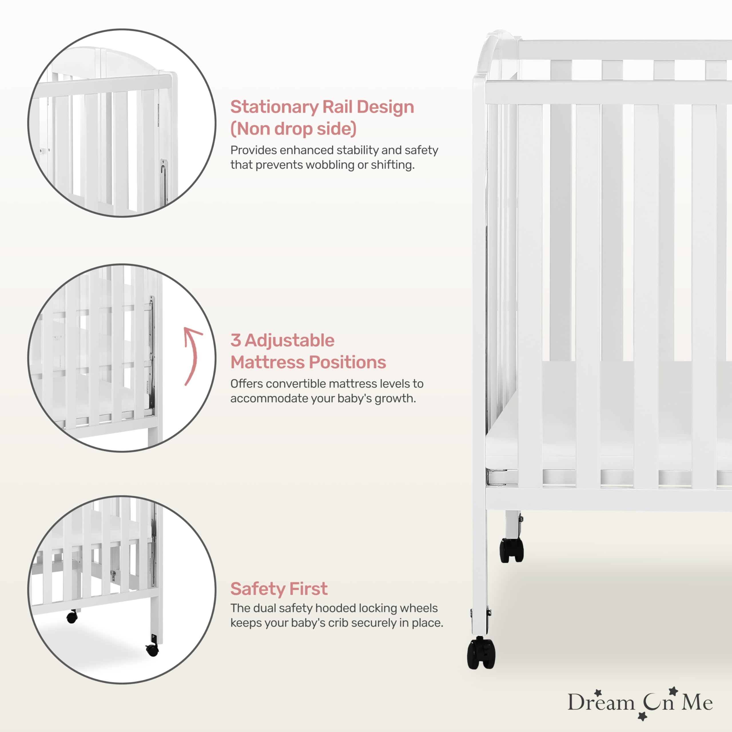 3 in 1 Portable Folding Stationary Side Crib in White, Greenguard Gold Certified, Safety Wheel with Locking Casters, Convertible, 3 Mattress Heights