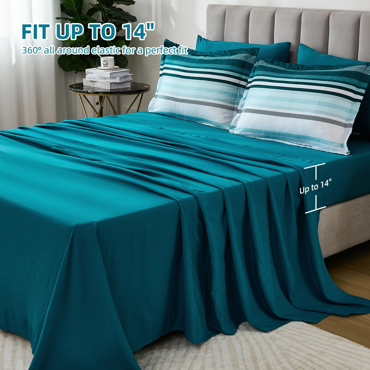 Teal Queen Comforter Set 7 Pieces, Blue Boho Striped Bed in a Bag Queen