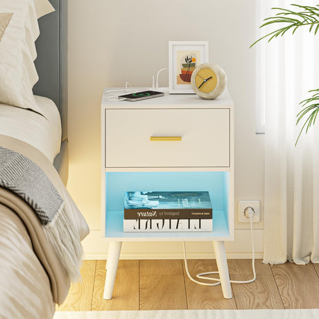 Nightstand with Charging Station and LED Lights, Small Side Table, Bedside Table