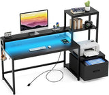 Office Desk with Power Outlets and Printer Shelf, 59 inch Computer Desk with LED and Drawer