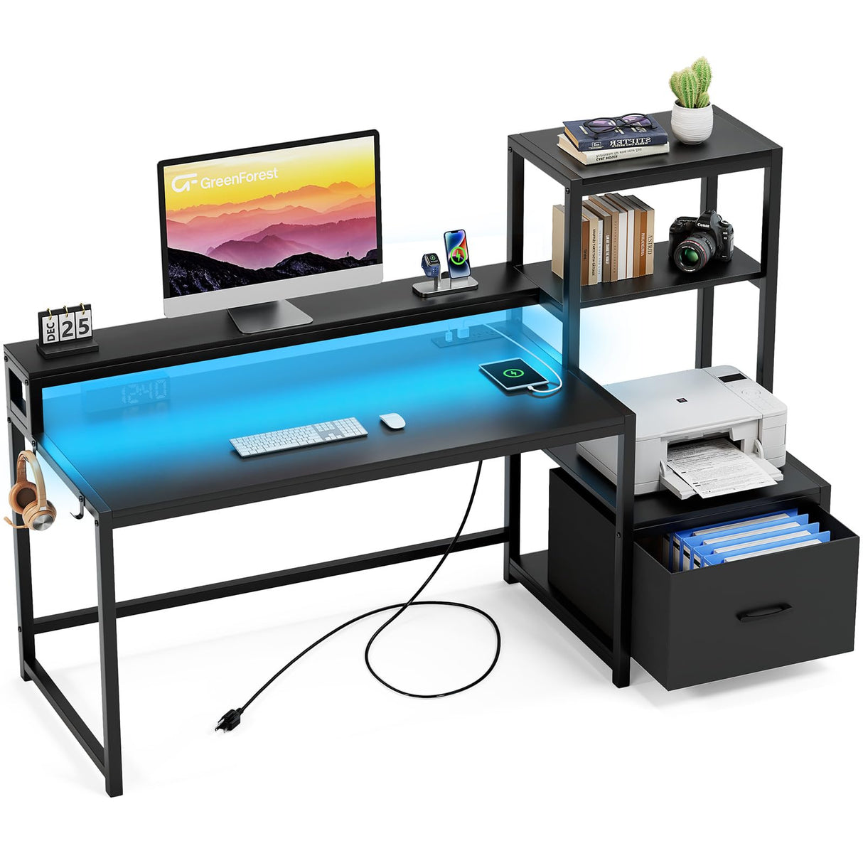 Office Desk with Power Outlets and Printer Shelf, 59 inch Computer Desk with LED and Drawer