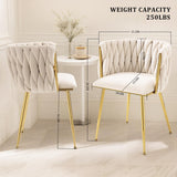 Velvet Dining Chairs Set of 2, Accent Chairs with Gold Metal Legs, Woven Upholstered