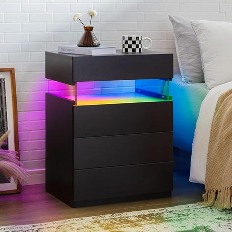 Night Stand with 4 Drawers Large LED Nightstand White Night Stand for Bedroom Modern