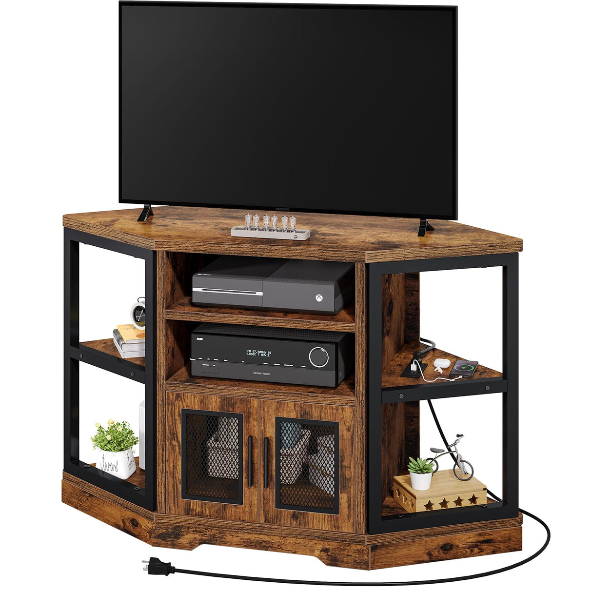 Corner TV Stand for TVs up to 55 Inch with Power Outlet, Modern Farmhouse