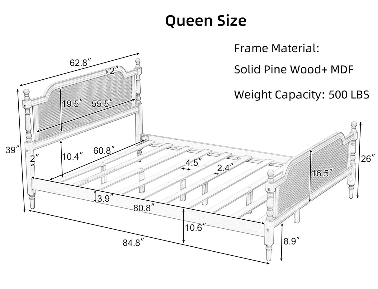 Queen Platform Bed Frame with Rattan Headboard - Traditional Pine Wood