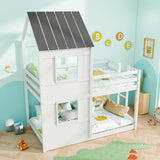 House Bunk Bed Twin Over Twin, Solid Wood Floor Bunk Bed with Built in Ladder