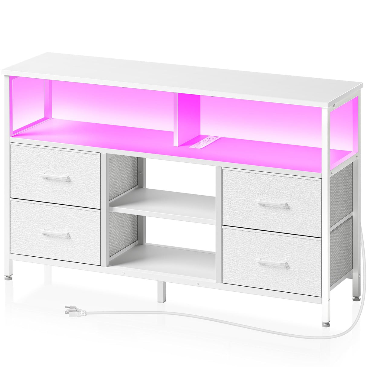 TV Stand with Power Outlets and LED Light, 4 Fabric Drawers Entertainment Center