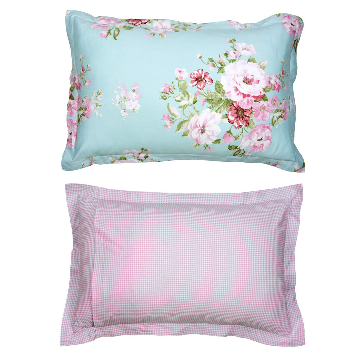 Shabby Floral Duvet Cover Set Pink Grid Cotton Farmhouse Bedding with Hidden