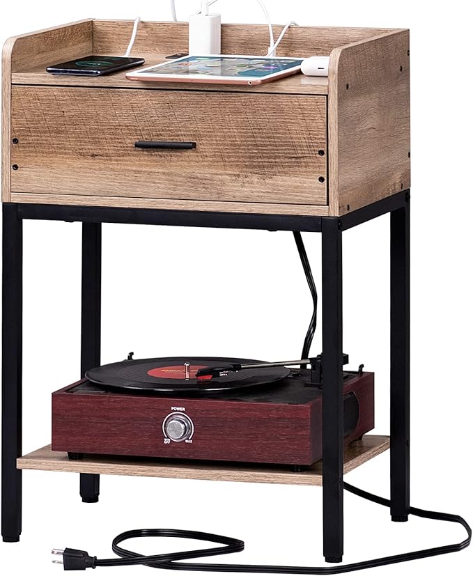 Nightstand with Charging Station and USB Ports, Natural Night Stand with Storage Drawers