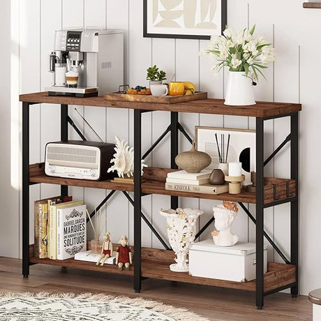 Rustic Console Table Behind Sofa, Industrial Entryway Table with Storage Shelves