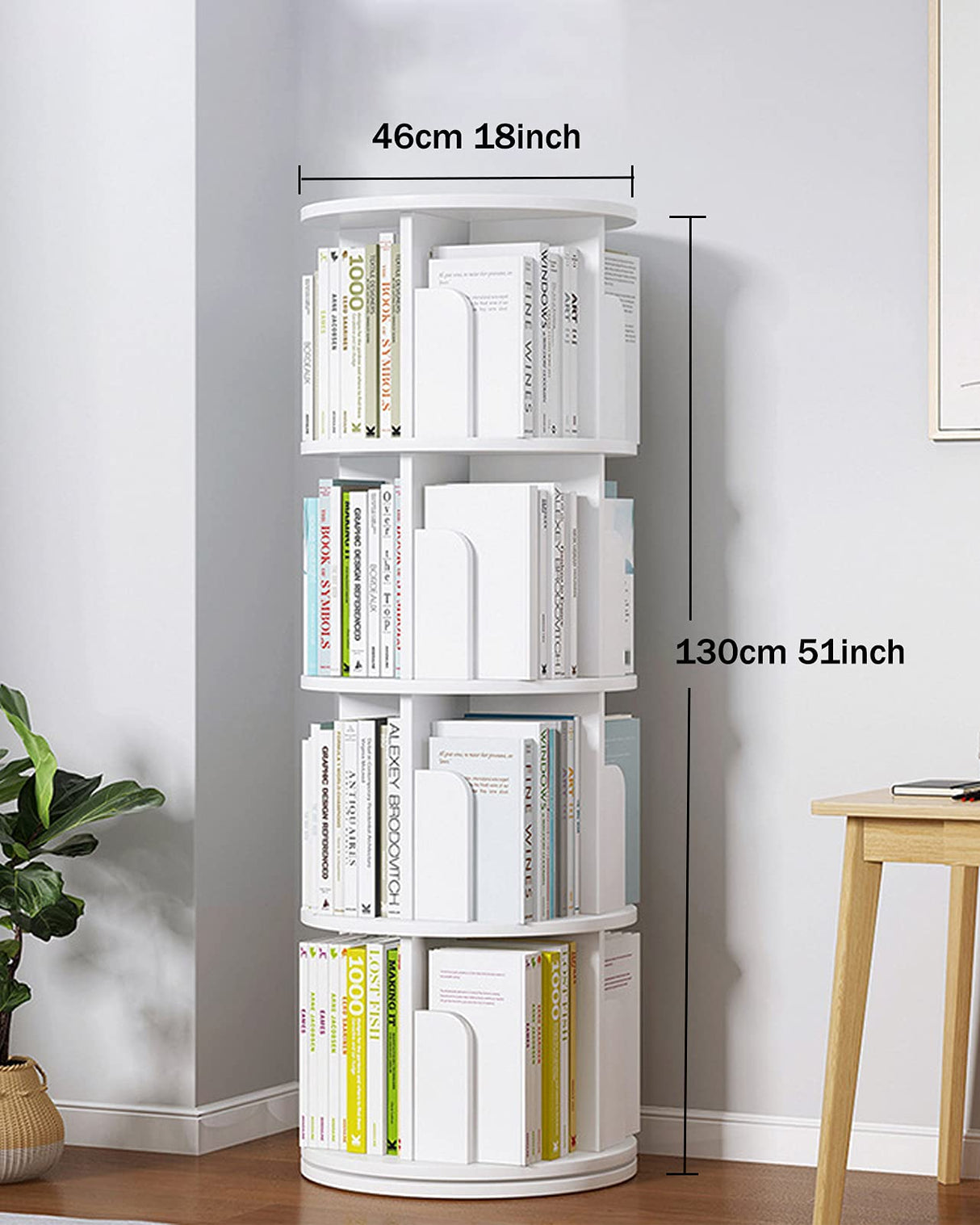 Rotating Bookshelf, 4 Tier 360° Revolving Bookcase Corner PVC Wood-Plastic Board