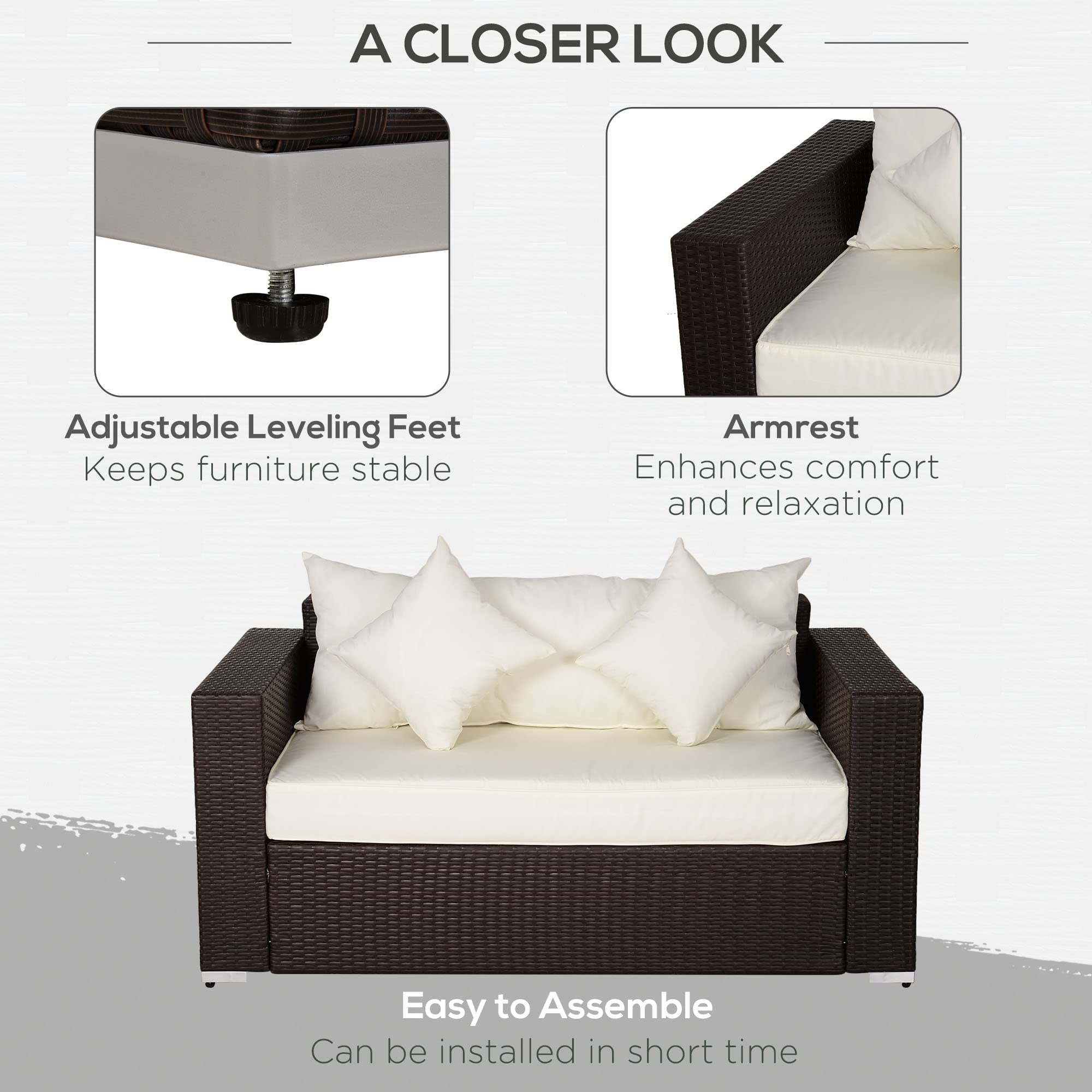 Outdoor Sofa, PE Rattan Wicker Loveseat, Outdoor Couch with 2 Throw Pillows