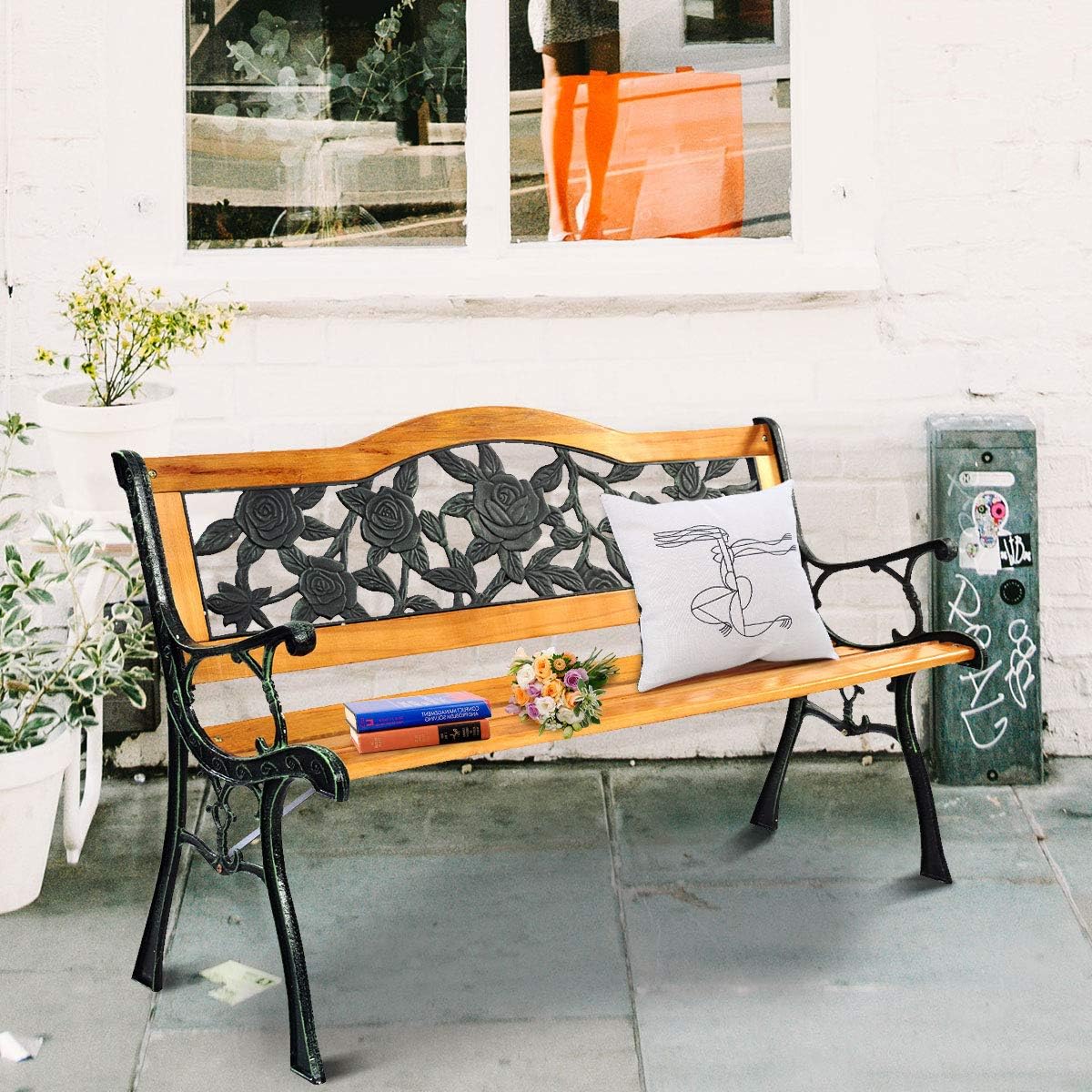 Outdoor Garden Bench, Patio Bench with Large Rose Cast Backrest & Comfort Wood Seat