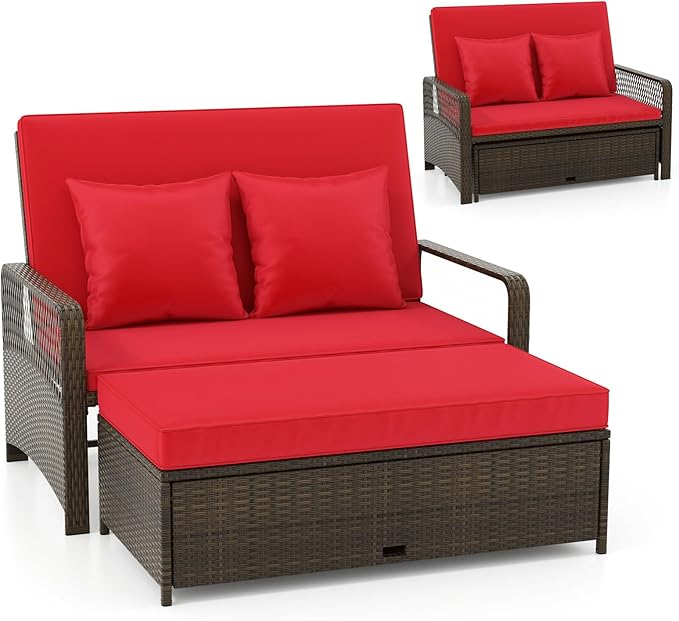 Outdoor Daybed, Wicker Loveseat Sofa Set with Storage Ottoman