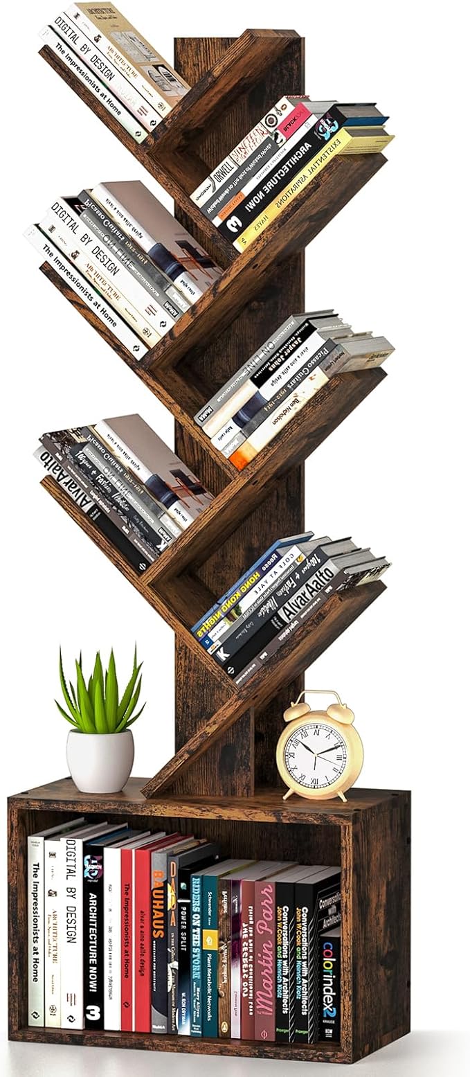 6 Tier Tree Bookshelf, Sturdy Retro Floor Standing Wood Bookcase, Storage Rack for