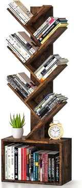 6 Tier Tree Bookshelf, Sturdy Retro Floor Standing Wood Bookcase, Storage Rack for