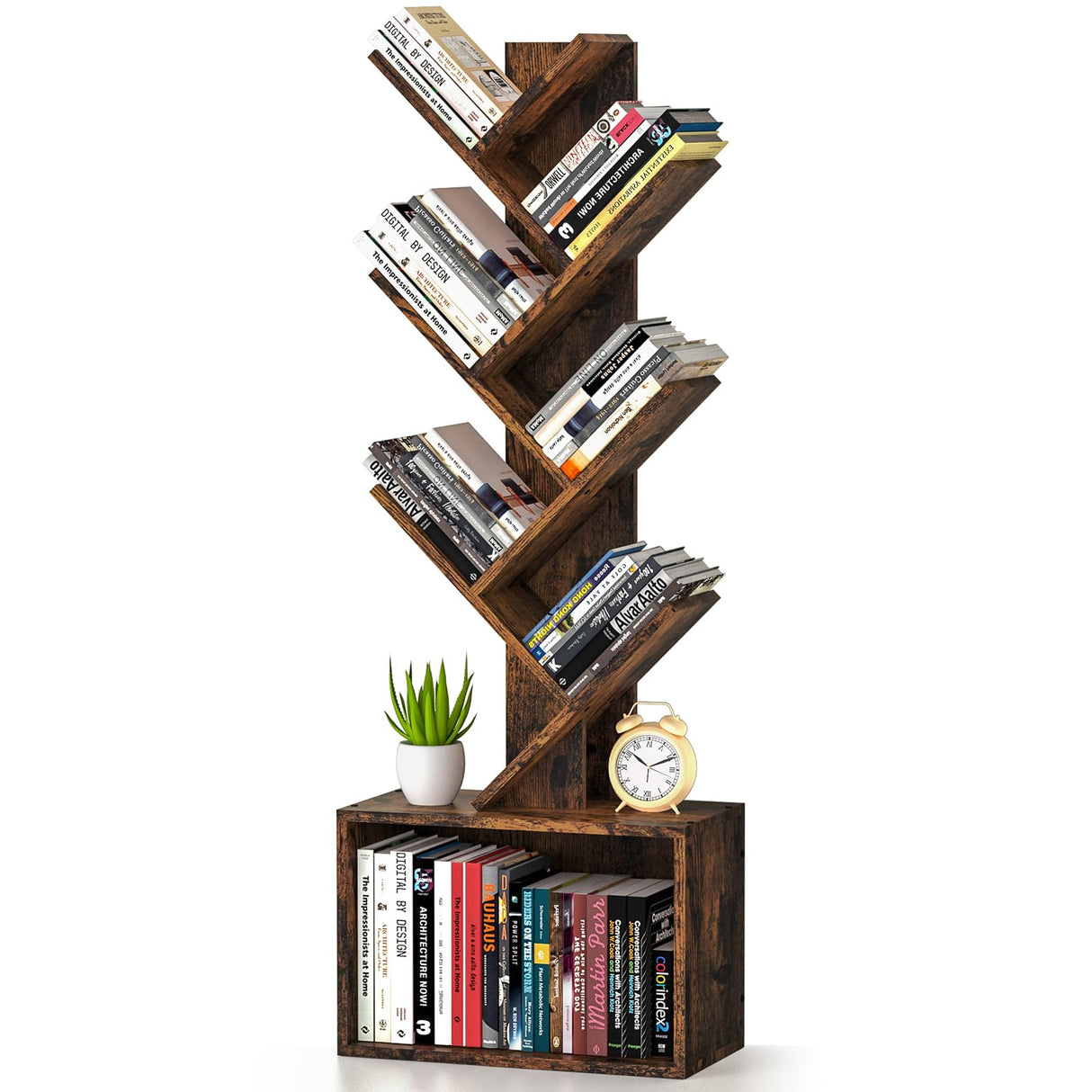 6 Tier Tree Bookshelf, Sturdy Retro Floor Standing Wood Bookcase, Storage Rack for