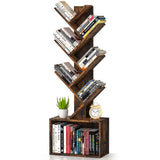 6 Tier Tree Bookshelf, Sturdy Retro Floor Standing Wood Bookcase, Storage Rack for