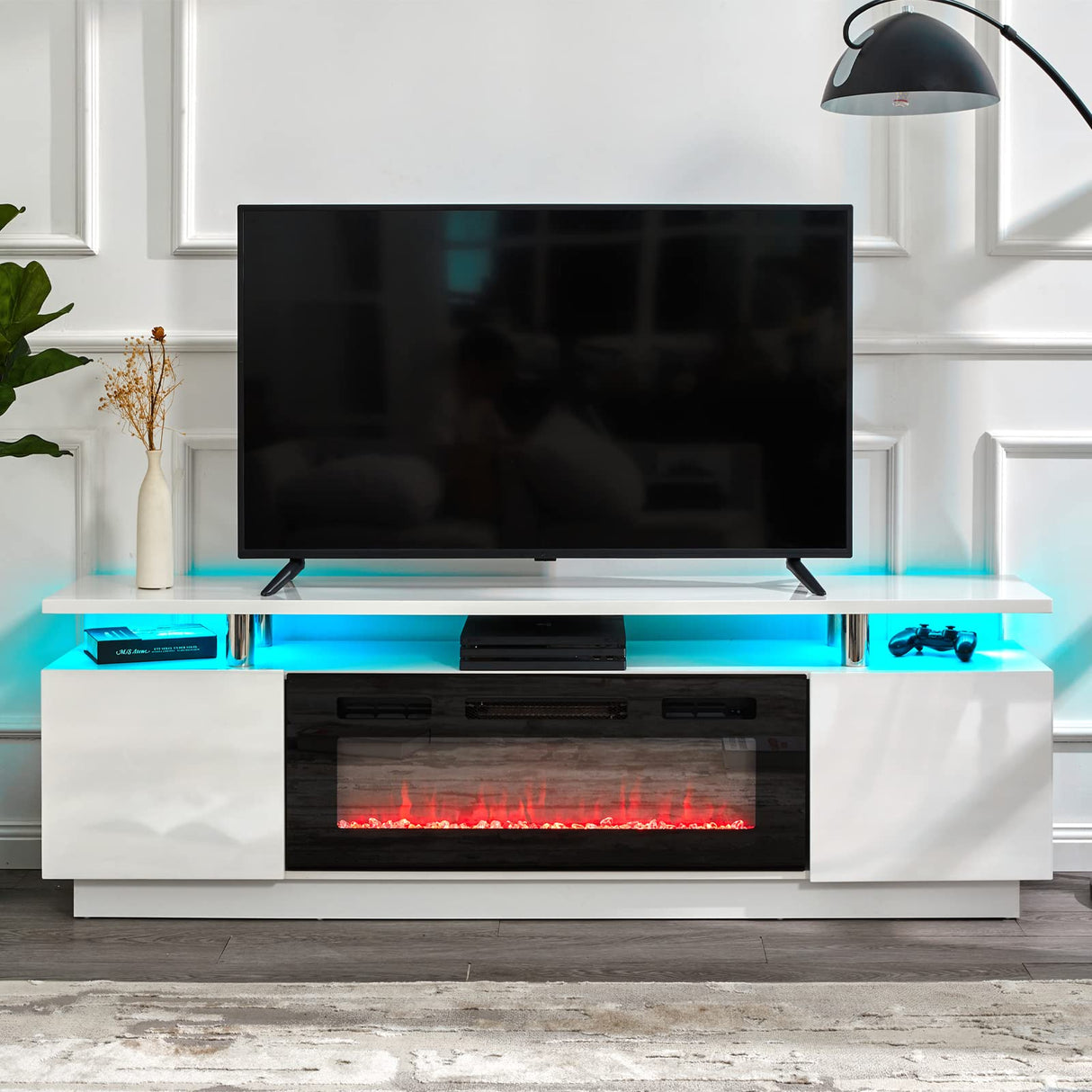 Fireplace TV Stand with 36" Fireplace, 70" Modern High Gloss Fireplace Entertainment