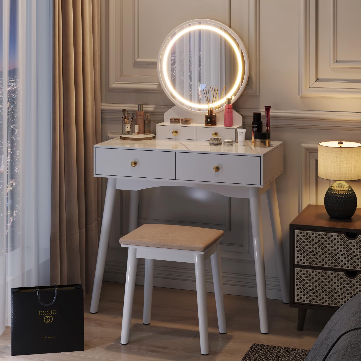 Vanity Desk with Round Mirror and Lights, Vanity Table Makeup Desk 4 Storage Drawers 3 Adjustable Colors LED Lights Matched Soft Cushioned Stool for Girls Bedroom (White) …