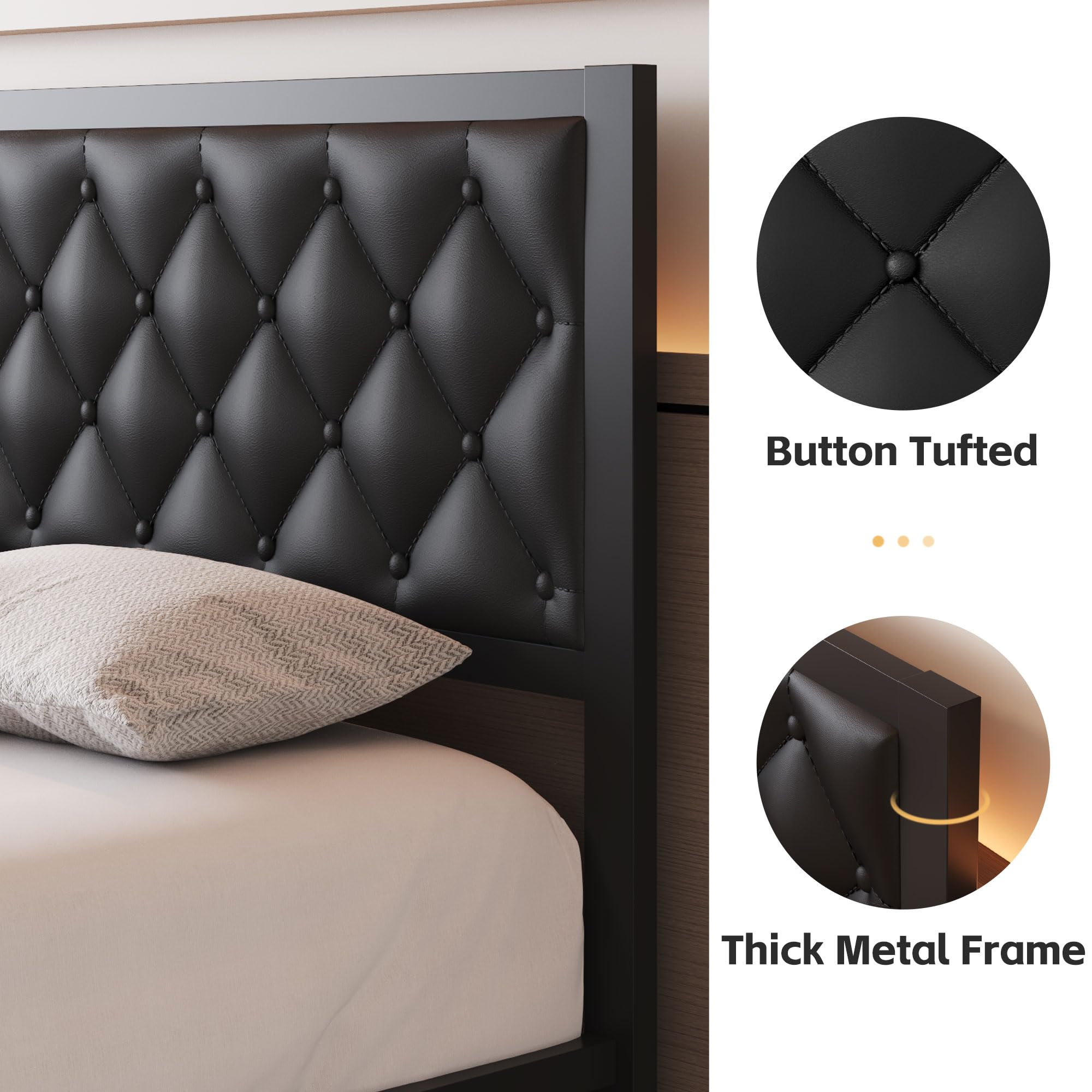 Queen Bed Frame with Headboard PU Leather Upholstered Bed Frame Platform,All Metal