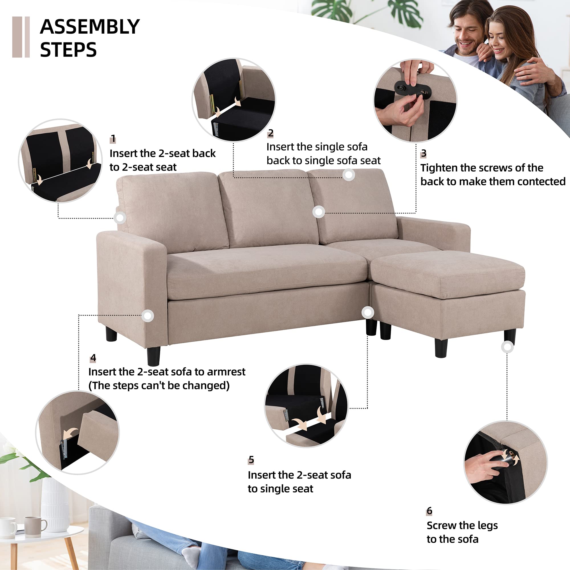 Convertible Sectional Sofa Couch, Modern Linen Fabric L-Shaped Couch 3-Seat Sofa
