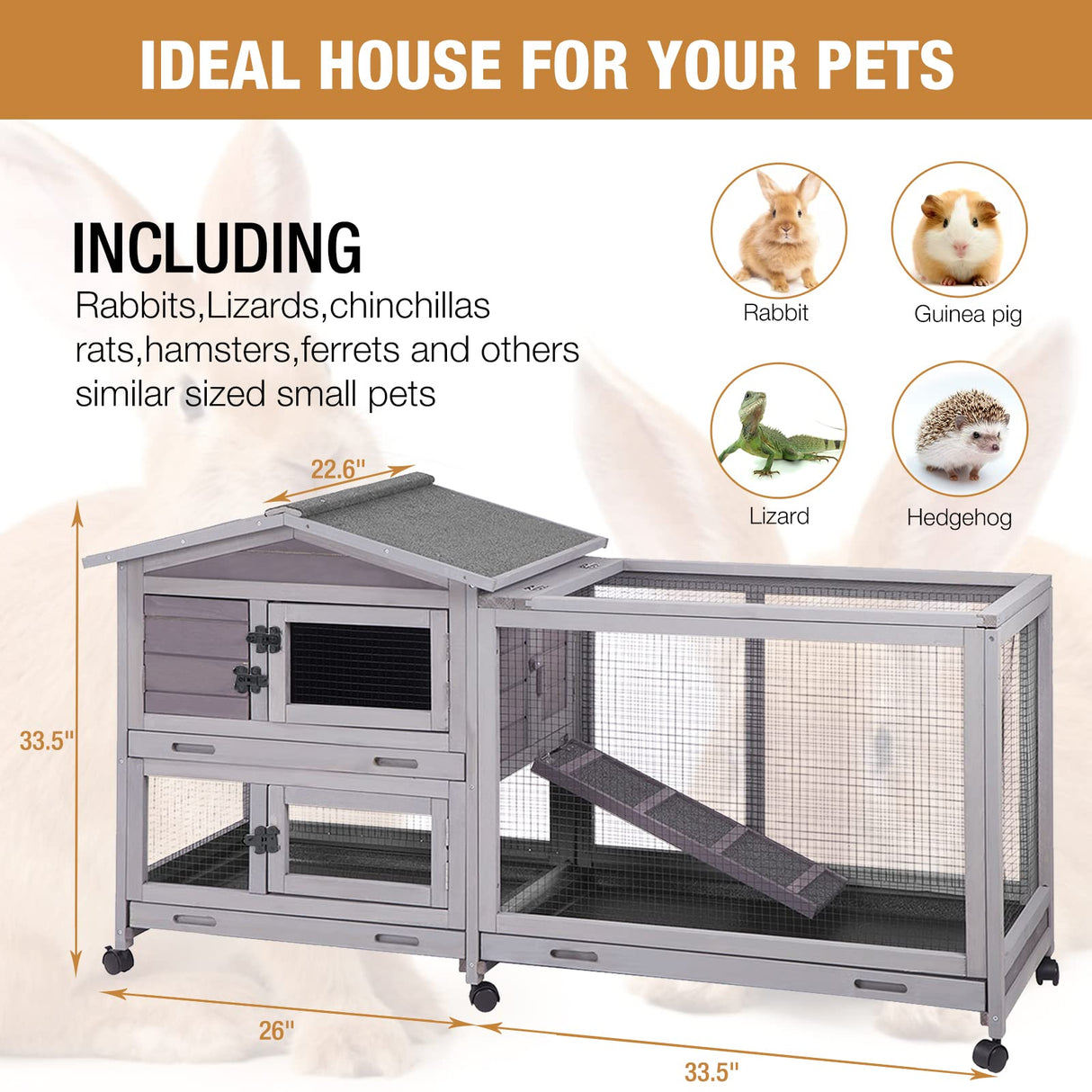 Bunny Cage Indoor and Outdoor Rabbit Hutch with Casters Waterproof Roof