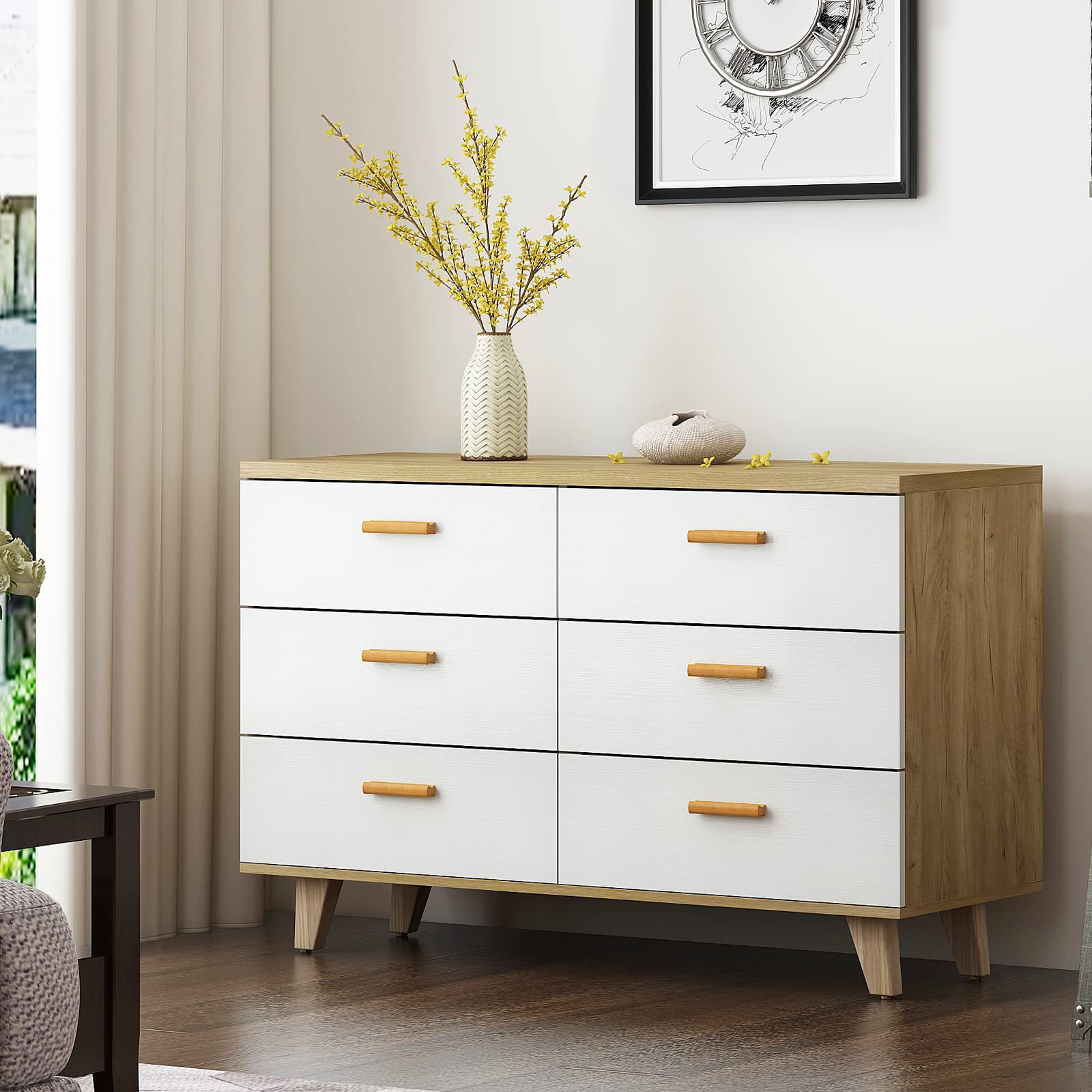 6 Drawer Dressers, Long White Dresser for Bedroom, Wood Dresser