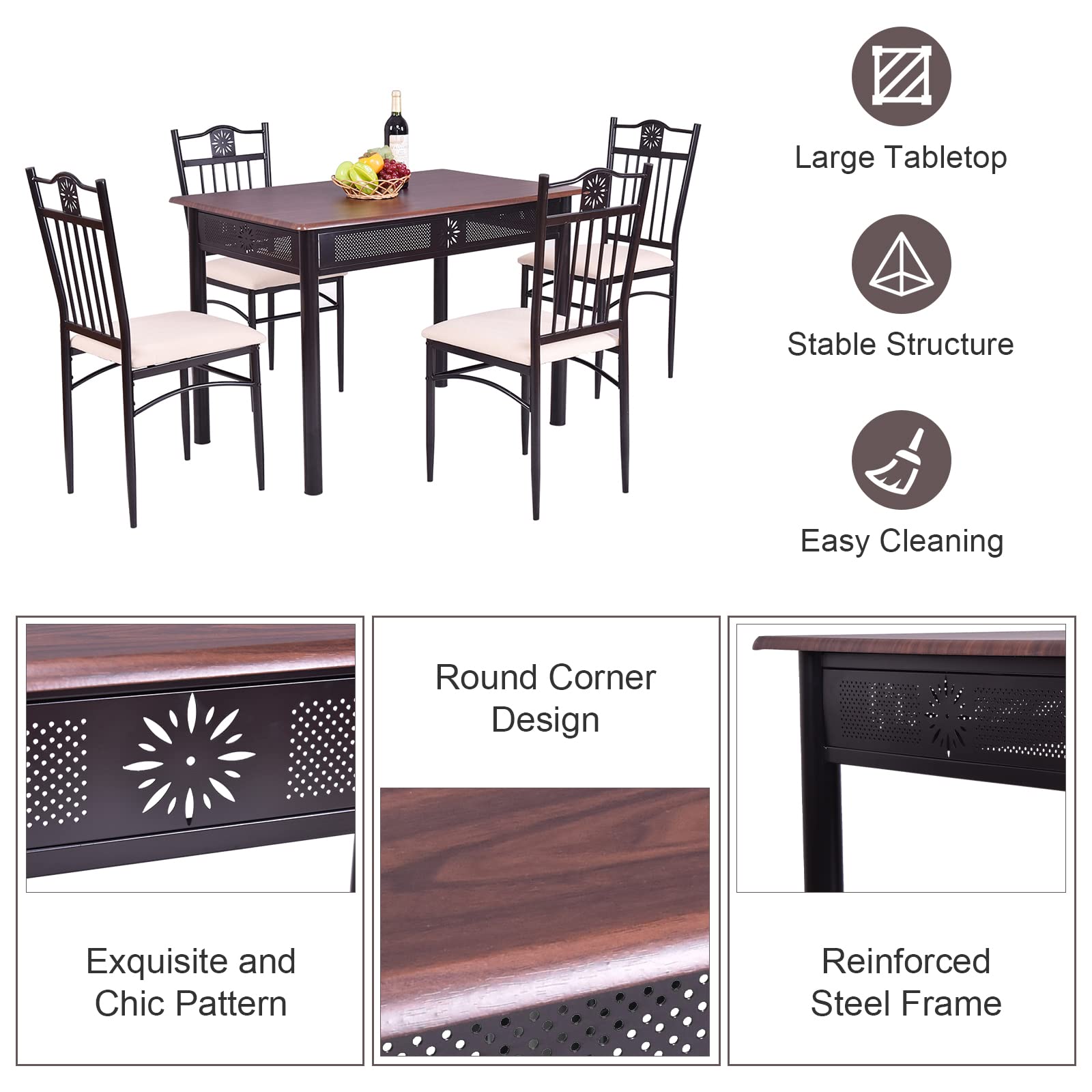 COSTWAY 5 Pieces Dining Table Set, Modern Kitchen Table Set for 4 Person, 42” Rectangular Table w/ 4 Upholstered Chairs, Bistro Table Set for Home, Coffee Shop & Restaurant (Brown)