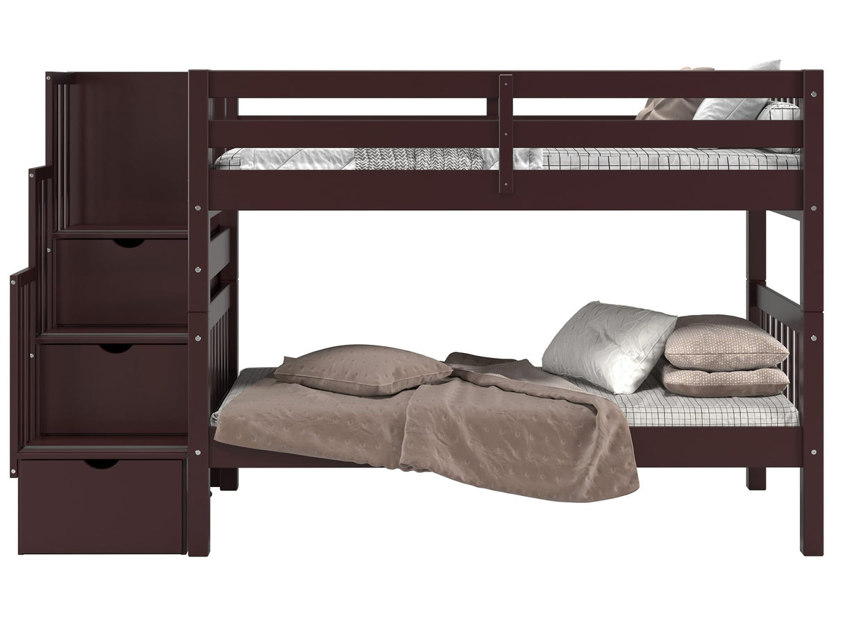 Bedz King Stairway Bunk Beds Twin over Twin with 3 Drawers in the Steps, Dark Cherry