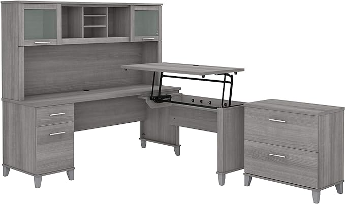 72W 3 Position Sit to Stand L Shaped Desk with Hutch and File Cabinet in White