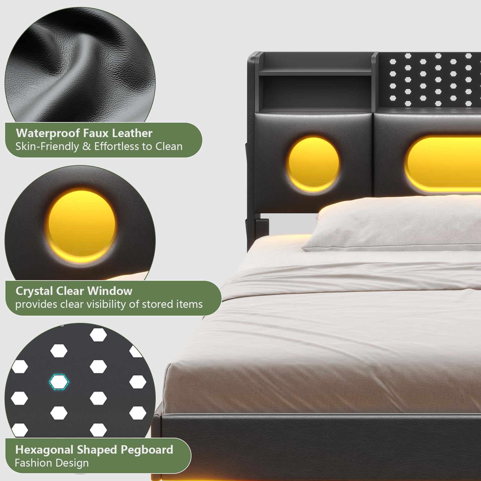 King Floating Bed Frame with LED Lights & Storage Headboard